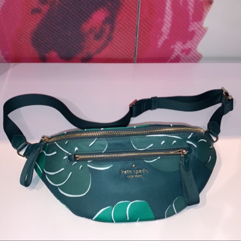 ♠️ 🍃 kate spade Chelsea Monstera Leaves Print Nylon Belt Bag Fanny Pack, Green - Picture 2 of 10